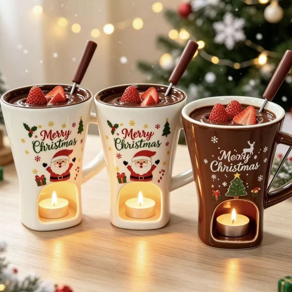 Fondue Pot Ceramic - كوب سيراميك لصهر الشوكولاتة مع شوكة،